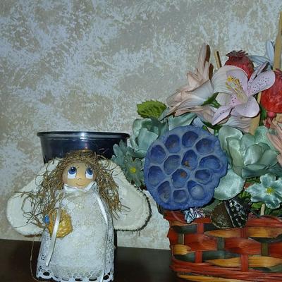 Home decor, basket of faux flowers, beautiful vase small angel and a brand-new photo album