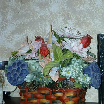 Home decor, basket of faux flowers, beautiful vase small angel and a brand-new photo album