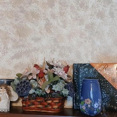 Home decor, basket of faux flowers, beautiful vase small angel and a brand-new photo album