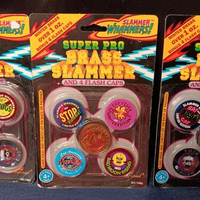3 NEW 1994 SUPER PRO BRASS SLAMMER & 4 FLASH CAPS