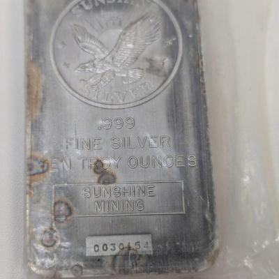 Sunshine Mining Vintage Silver Bar, 10 Troy Ounces, Fine Silver, .999