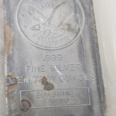 Sunshine Mining Vintage Silver Bar, 10 Troy Ounces, Fine Silver, .999