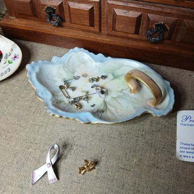Wooden Jewlery box with necklace tree, porcelain dish, small lantern clock and more
