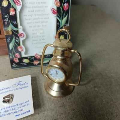 Wooden Jewlery box with necklace tree, porcelain dish, small lantern clock and more