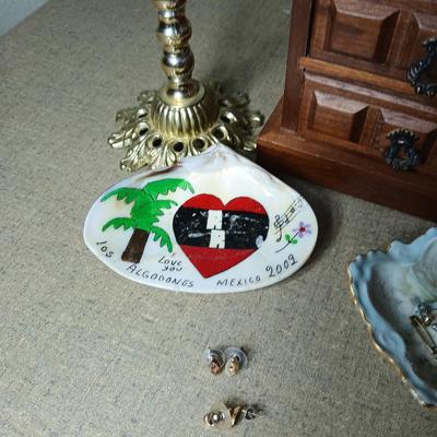 Wooden Jewlery box with necklace tree, porcelain dish, small lantern clock and more