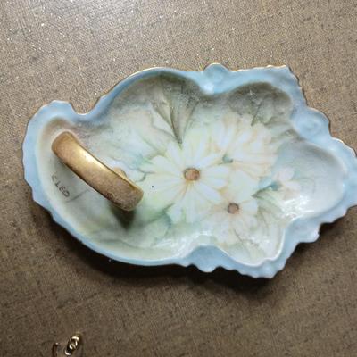 Wooden Jewlery box with necklace tree, porcelain dish, small lantern clock and more