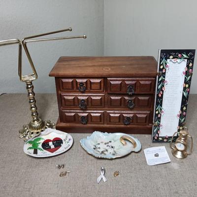 Wooden Jewlery box with necklace tree, porcelain dish, small lantern clock and more