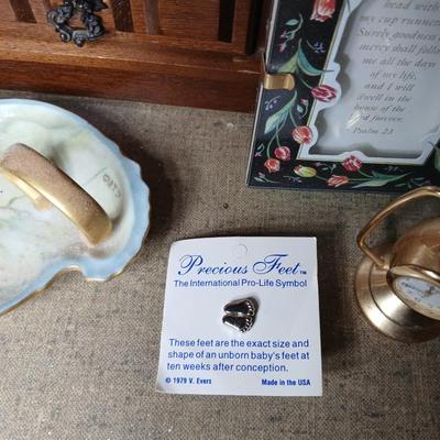 Wooden Jewlery box with necklace tree, porcelain dish, small lantern clock and more