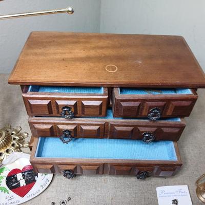 Wooden Jewlery box with necklace tree, porcelain dish, small lantern clock and more