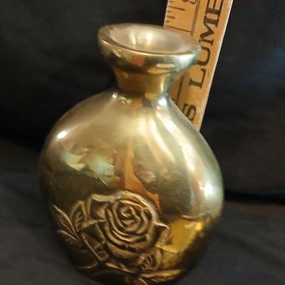Vintage Cast Brass Vase with Roses made in Korea, FIGI heart shaped dish, and a wall shelf with roses