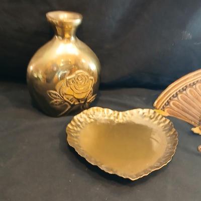 Vintage Cast Brass Vase with Roses made in Korea, FIGI heart shaped dish, and a wall shelf with roses