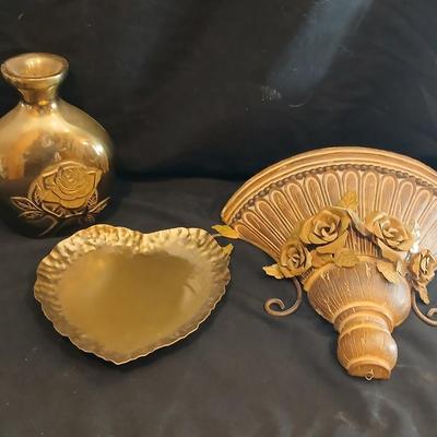 Vintage Cast Brass Vase with Roses made in Korea, FIGI heart shaped dish, and a wall shelf with roses