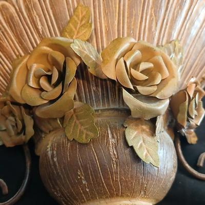 Vintage Cast Brass Vase with Roses made in Korea, FIGI heart shaped dish, and a wall shelf with roses