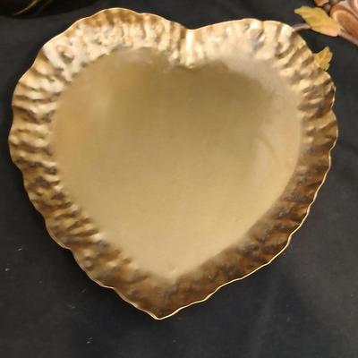 Vintage Cast Brass Vase with Roses made in Korea, FIGI heart shaped dish, and a wall shelf with roses