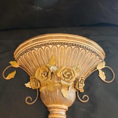 Vintage Cast Brass Vase with Roses made in Korea, FIGI heart shaped dish, and a wall shelf with roses