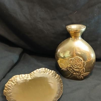 Vintage Cast Brass Vase with Roses made in Korea, FIGI heart shaped dish, and a wall shelf with roses