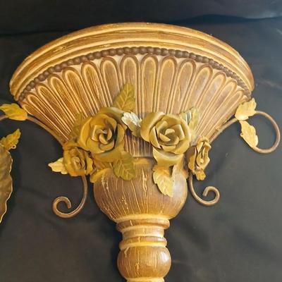 Vintage Cast Brass Vase with Roses made in Korea, FIGI heart shaped dish, and a wall shelf with roses