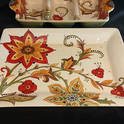 Pier 1 imports earthenware "Carynthum" rectangle platter, divided dish, and salt & pepper shakers in caddy