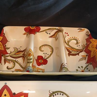 Pier 1 imports earthenware "Carynthum" rectangle platter, divided dish, and salt & pepper shakers in caddy