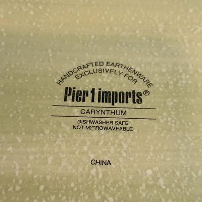 Pier 1 imports earthenware "Carynthum" rectangle platter, divided dish, and salt & pepper shakers in caddy