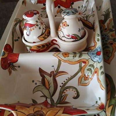 Pier 1 imports earthenware "Carynthum" rectangle platter, divided dish, and salt & pepper shakers in caddy