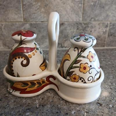 Pier 1 imports earthenware "Carynthum" rectangle platter, divided dish, and salt & pepper shakers in caddy