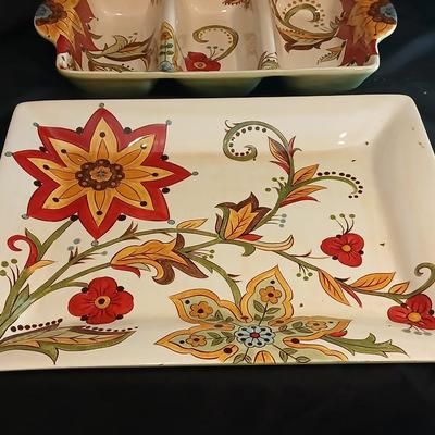 Pier 1 imports earthenware "Carynthum" rectangle platter, divided dish, and salt & pepper shakers in caddy