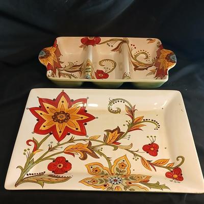 Pier 1 imports earthenware "Carynthum" rectangle platter, divided dish, and salt & pepper shakers in caddy