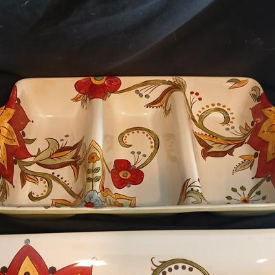 Pier 1 imports earthenware "Carynthum" rectangle platter, divided dish, and salt & pepper shakers in caddy
