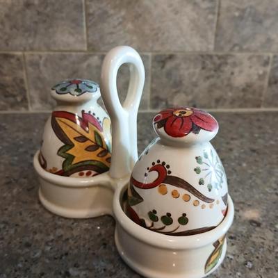Pier 1 imports earthenware "Carynthum" rectangle platter, divided dish, and salt & pepper shakers in caddy