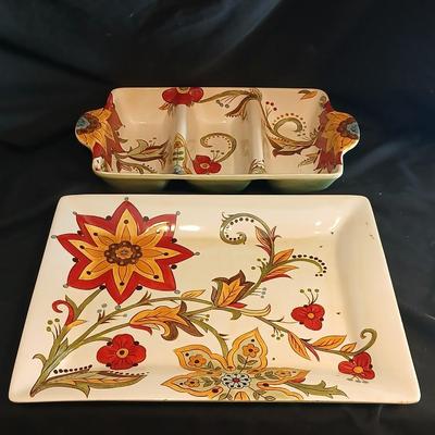 Pier 1 imports earthenware "Carynthum" rectangle platter, divided dish, and salt & pepper shakers in caddy