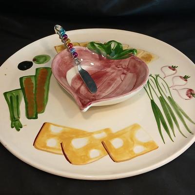 Vintage Relish Tray, Party Tray, Serving Platter with affixed Radish in center serving knife and corn cob holders