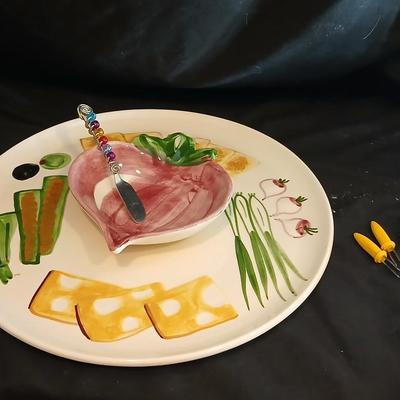 Vintage Relish Tray, Party Tray, Serving Platter with affixed Radish in center serving knife and corn cob holders