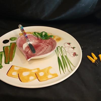 Vintage Relish Tray, Party Tray, Serving Platter with affixed Radish in center serving knife and corn cob holders