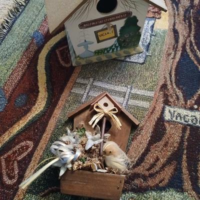 Mrs. Finch's Nest & Breakfast birdhouse with birdhouse throw blanket and wooden birdhouse basket with faux flowers