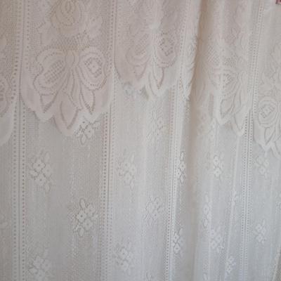 Bathroom rugs, lace shower curtain, with birdhouse hooks and a heating pad
