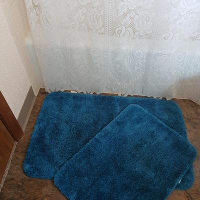 Bathroom rugs, lace shower curtain, with birdhouse hooks and a heating pad