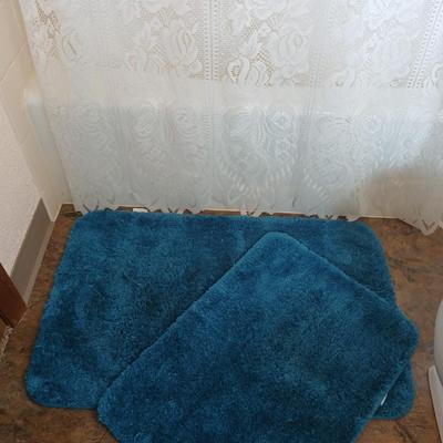 Bathroom rugs, lace shower curtain, with birdhouse hooks and a heating pad