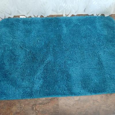 Bathroom rugs, lace shower curtain, with birdhouse hooks and a heating pad