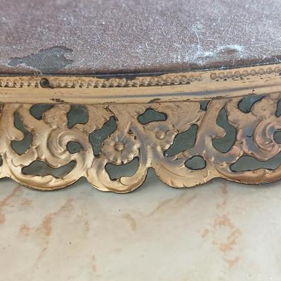 Vintage mirrored brass filigree ornate tray, with porcelain dish with vintage gold roses, and a soap dispenser