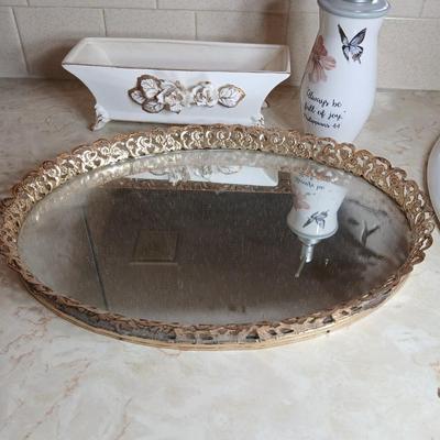 Vintage mirrored brass filigree ornate tray, with porcelain dish with vintage gold roses, and a soap dispenser