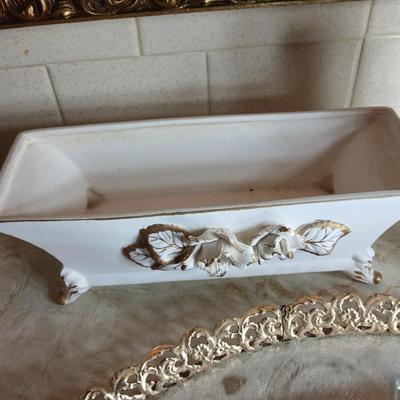 Vintage mirrored brass filigree ornate tray, with porcelain dish with vintage gold roses, and a soap dispenser