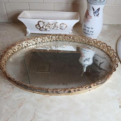 Vintage mirrored brass filigree ornate tray, with porcelain dish with vintage gold roses, and a soap dispenser