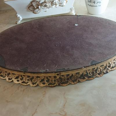 Vintage mirrored brass filigree ornate tray, with porcelain dish with vintage gold roses, and a soap dispenser