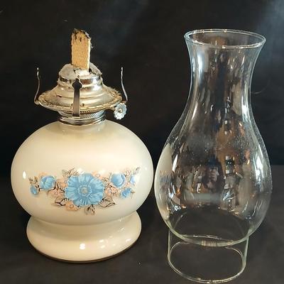 Vintage Lamplight Farms Ivory Glass Oil Lamp Blue Floral Victoria Rose