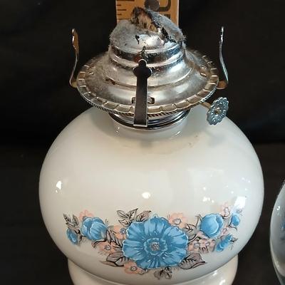 Vintage Lamplight Farms Ivory Glass Oil Lamp Blue Floral Victoria Rose