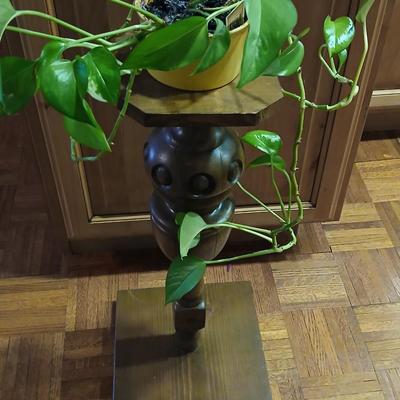 Small potted Live pathos plant on wooden stand and an oak mirrored wall shelf with hooks