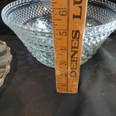 Jeannette Dewdrop serving tray Anchor hocking fruit bowl and decorative glass canister / jar with lid