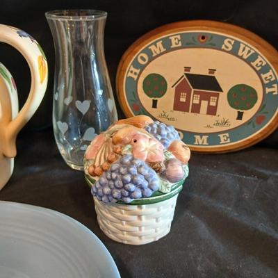 Gibson serving platter, Pitcher with fruit print, small kitchen items salt & pepper and more