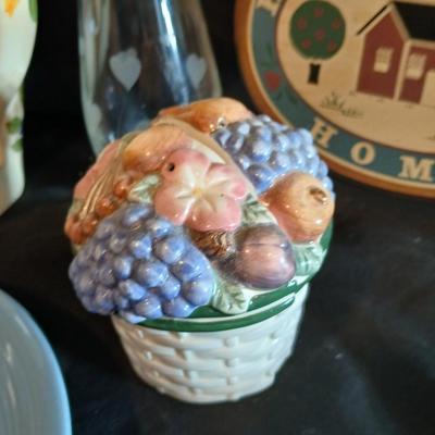Gibson serving platter, Pitcher with fruit print, small kitchen items salt & pepper and more